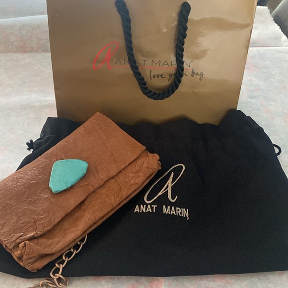 Anat Marin Soft Leather Wallet/Clutch in color Cognac with Turquoise Stone. - Picture 4 of 10